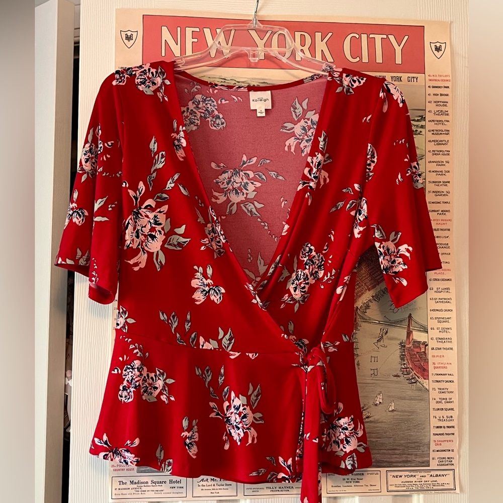 Kaileigh Red Floral Wrap Top M